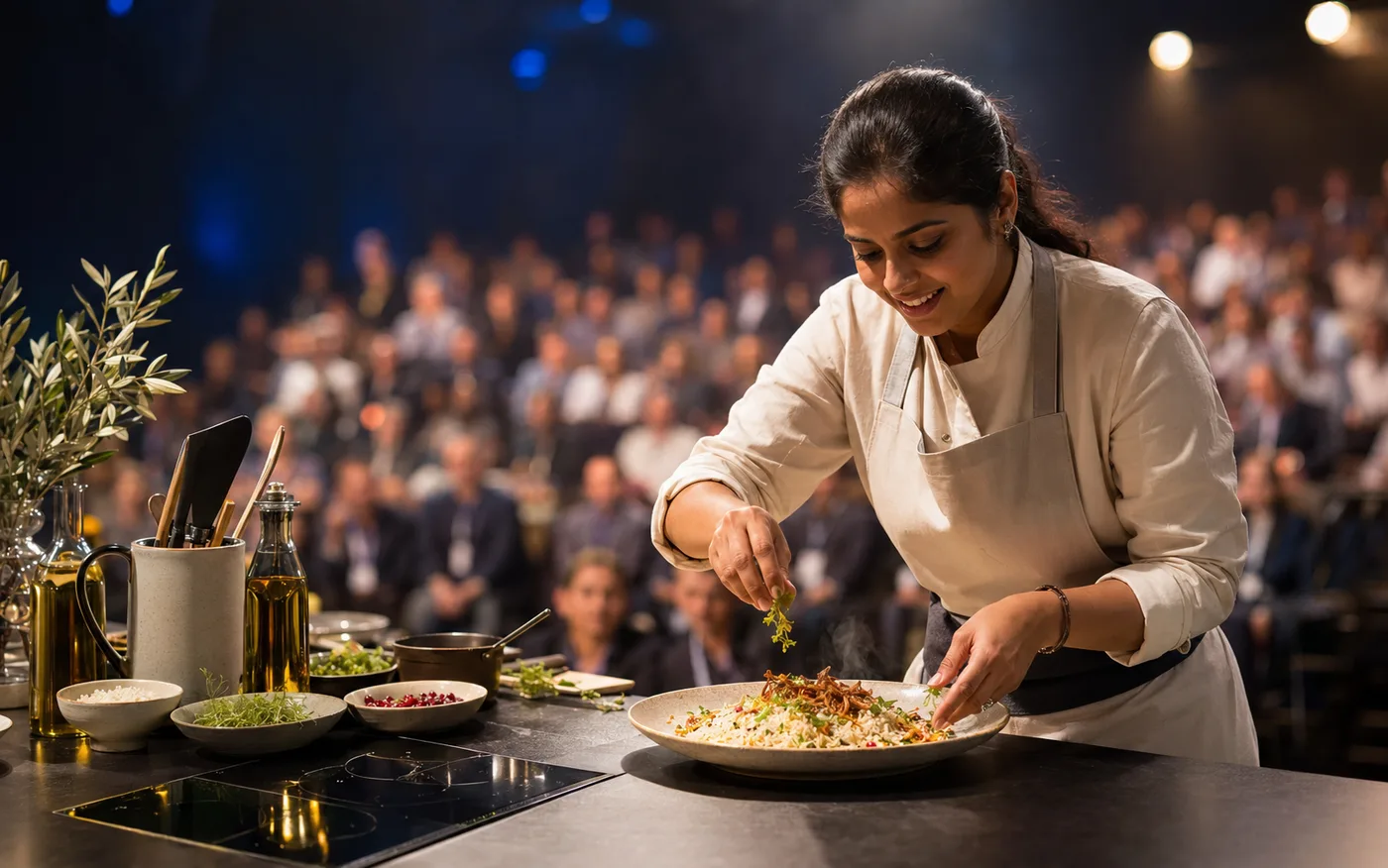 A chef cooking live in front of an audience